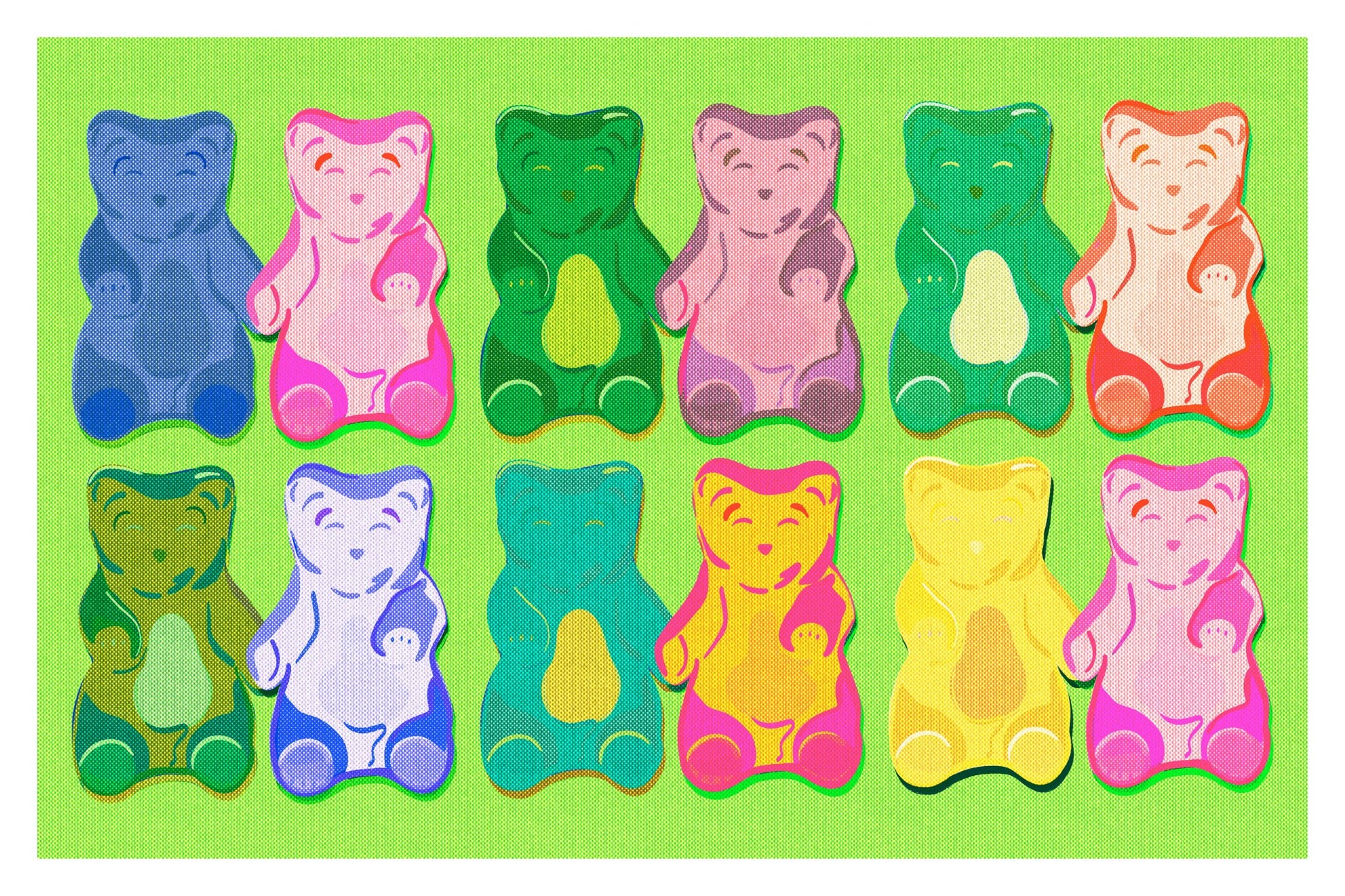 Armed and Delicious Gummy Bear Print, 12 flavors holding hands with a Green background