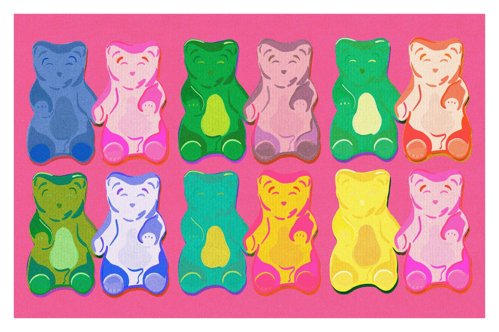 Armed and Delicious Gummy Bear Print, 12 flavors holding hands with a Pink background
