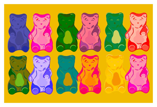 Armed and Delicious Gummy Bear Print, 12 flavors holding hands with a Yellow background